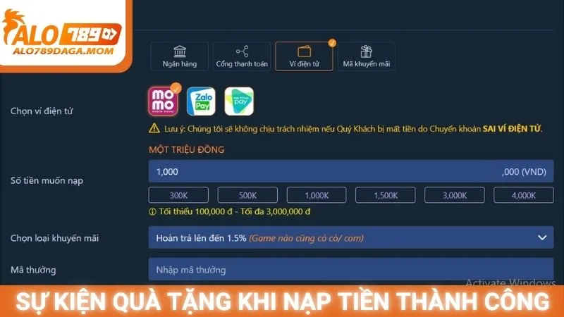 Sự kiện quà tặng khi nạp tiền thành công